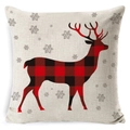 Christmas pillow cover featuring red plaid reindeer and grey snowflakes on beige linen - BZ0888-35 (Red Black Plaid Reindeer)