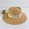 Detailed macro view of woven straw hat featuring shimmering sequins and a T-logo metal charm - M (56-58cm) Adjustable / Light Coffee