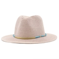 Beige straw fedora sun hat with a bohemian blue beaded band for summer travel - Nude Pink