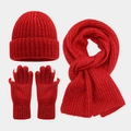 Detailed view of red knitted winter set featuring beanie, scarf, and touch-screen gloves - Red