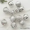 Lot de 12 boules de Noël argentées de 8cm avec finitions brillantes, rayées et facettées - Lot de 12 8cm / Argent