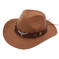 Chapeau de cow-boy en feutre marron avec bord roulé et bande en cuir tête de taureau - M (56-58cm) / Khaki (Vache Pêche + Tête de Taureau Marron)