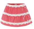 Detail of red polka dot skirt featuring triple-layer white lace trim and pink floral bow - S / Red Short Dress