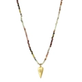Detail of colorful tourmaline beaded necklace featuring a gold heart evil eye pendant - Olive Green/Dark Purple/Wine Red