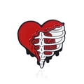 Gothic heart brooch with ribcage and red rose design in black and white enamel - Heart Ribs Rose Style (CC2282)