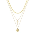 Detailed view of 3-layer gold stacked necklace with cross and round filigree pendants - Gold