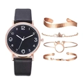 Coffret 5 pièces avec montre quartz en cuir noir et quatre bracelets mode en or rose - Watch and Bracelet Collection / Noir