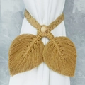 Handmade khaki bohemian curtain tieback with woven leaf tassels and wooden bead detail - Khaki