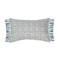 Detail of rectangular pillow cover with blue geometric pattern and fringed side tassels - Blue-Grey Geometric Rhombus Rectangular Lumbar Style (PE20147P-1)
