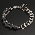 Men's stainless steel curb chain bracelet with grey tiger eye beads and lobster clasp - Larvikite