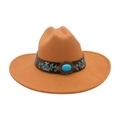 Cappello jazz in lana marrone con fibbia in turchese e ricamo in stile etnico - Cammello