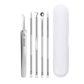 6-piece stainless steel blackhead remover tool kit in a transparent plastic storage case - 4 Needles + No.5 Slanted Tweezer + Box