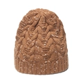 Detail of caramel brown cable knit texture and elastic ribbed cuff on the winter beanie - M / Brown