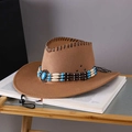 Brown felt western cowboy hat with turquoise bead band and hand-stitched black trim - Adult (55-60cm) / Khaki