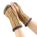 Khaki cable knit fingerless gloves with grey faux fur trim and cozy thermal texture - One Size / Camel 9#