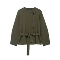 Olive green knit cardigan with asymmetrical buttons and matching waist belt - S / Army Green