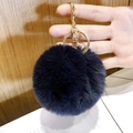 Navy blue faux fur pom-pom heart keychain with leopard print and metal ring - Small Navy Blue Pom Pom