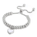 Silver beaded bolo bracelet with a white enamel heart charm and adjustable slider clasp - Steel White (KB165593-Z)