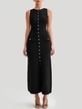 Schmal geschnittenes schwarzes Strick-Maxikleid mit ärmellosem Design und Knopfleiste - S / Schwarz