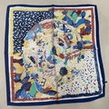 Colorful art print silk square scarf featuring abstract floral motifs and letter patterns - Graffiti Navy Blue Silk Scarf / 65