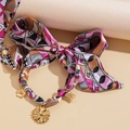 Satin ribbon bow hair tie with geometric patterns and gold flower metal charms - 5# Necklace-Pink