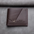 Men's short fold leather wallet in dark brown with diagonal stitching and metal detail - Dark Coffee