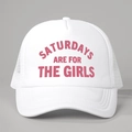 Detailed front view of white foam trucker hat with pink Saturdays Are For The Girls text - White