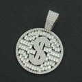 Detailed close-up of a silver iced-out dollar sign pendant with sparkling pavé crystals - Single Pendant - Silver Round Brand