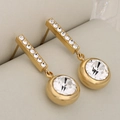 Golden drop earrings with square crystal links and large round clear stone pendants - Gold + 3D Round with Rhinestone