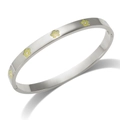 Silver stainless steel hinge bracelet with yellow flower enamel and heart center detail - Steel Color + Green Enamel Flower