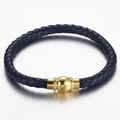 Men's navy blue braided leather bracelet with a polished golden magnetic sphere clasp - Navy Blue (KB115156-KFC)