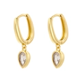 Detailed macro view of gold-tone geometric heart hoop earrings with drop-shaped green zircon - Waterdrop Pendant (VE1281) / Gold