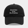 Close-up of high-density white embroidery text on a black cotton baseball cap - Black