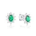 Orecchini a perno in argento con smeraldo verde ovale e halo di diamanti bianchi con riflesso - Argento 925 / Smeraldo coltivato in laboratorio