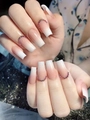 Uñas postizas largas cuadradas ombré en blanco nude con pedrería de cristal - Estilo de Pegamento con Diamantes de Imitación Degradado Rosa Blanco (D-132)