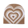 Macro detail of brown and beige heart pattern knit beanie with soft wool texture - Khaki