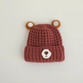Dark red baby knit beanie featuring cute 3D bear ears and a small bear face patch - 44-48cm(8M-2Y) / Wine Red Bear Ears