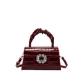 Glossy burgundy crocodile pattern handbag with rhinestone buckle and pleated handle - Red