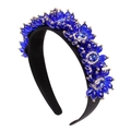 Elegant black headband with blue teardrop crystal flowers and small gold beads - Crystal Flowers on Black Base (Series 13-2)