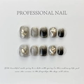Elegant handmade black ombre press-on nails featuring gold heart rhinestones, 10pcs - XS / Black Gradient Gold Foil