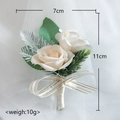 Elegant white rose boutonniere with green leaves and white ribbon bow for weddings - Champagne Boutonniere - Simple Style