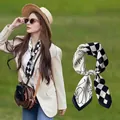Elegant black and white floral checkered silk scarf for women featuring satin texture - Patchwork Plaid Small Square Scarf / 65