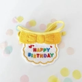 Close-up of yellow dog birthday bib with HAPPY BIRTHDAY embroidery and colorful bow - 11cm x 13cm / Yellow Bib