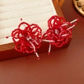 Handcrafted vintage style red floral beaded earrings with sparkling diamond center - 11# Earring Post Glass Flower Stud Earrings