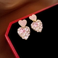 Elegant gold plated pink heart drop earrings with shimmering crystals and enamel details - Steel Earring Post / Pink - Real Gold Plated