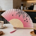 Pink gradient cherry blossom folding fan with bamboo ribs and matching pink tassel - Style 64 (New Style)