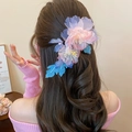 Detail of gradient pink and purple acrylic petal hair clip worn on a low bun hairstyle - 29# Duckbill Clip - Pink Purple - Gradient Large Flower Single