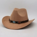 Classic camel faux suede western cowboy hat with turquoise beads on black band - One Size (56-60cm) / Camel