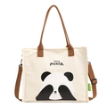 Panda-Stofftasche aus cremefarbenem Canvas mit braunen Riemen und verstellbarem Gurt - Weiß