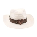 White woven straw cowgirl hat with bohemian heart buckle and sparkling rhinestone trim - White
